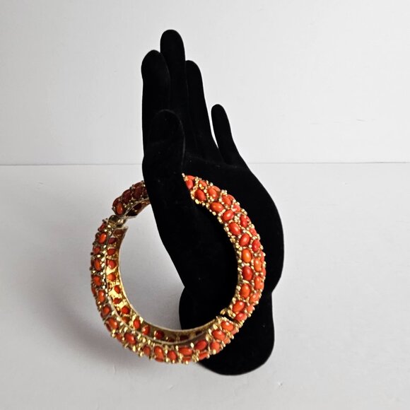Kenneth Jay Lane Style Coral Red Orange Cabochon Hinged Heavy Bangle Bracelet - Picture 9 of 16